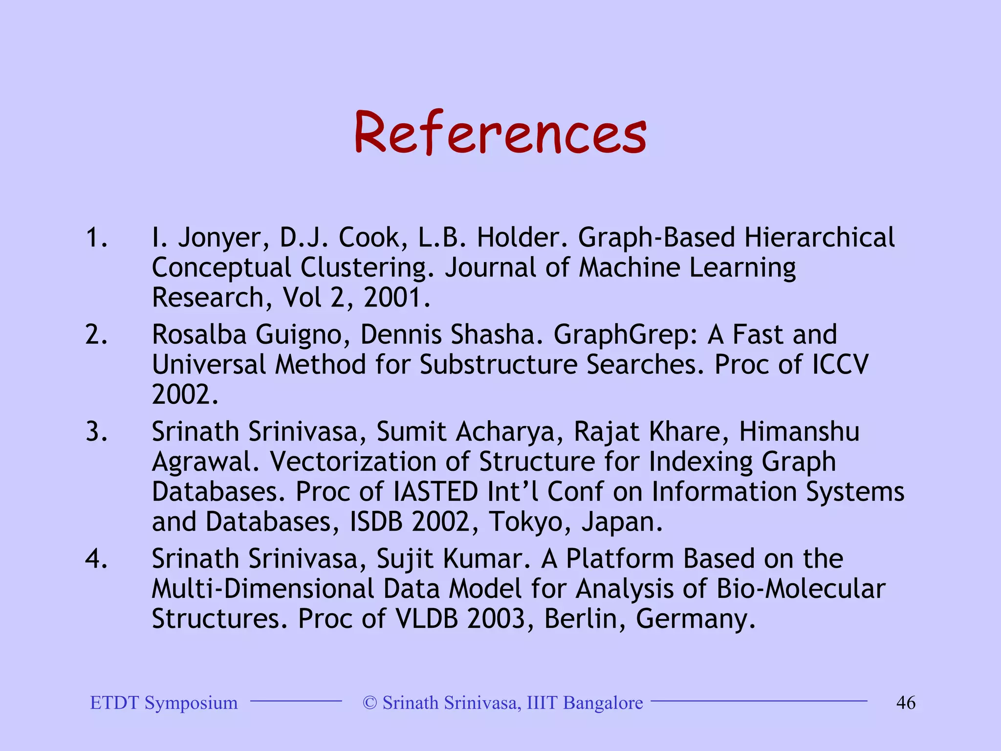 References I. Jonyer, D.J. Cook, L.B. Holder. Graph-Based Hierarchical Conceptual Clustering. Journal of Machine Learning Research, Vol 2, 2001.  Rosalba Guigno, Dennis Shasha. GraphGrep: A Fast and Universal Method for Substructure Searches. Proc of ICCV 2002.  Srinath Srinivasa, Sumit Acharya, Rajat Khare, Himanshu Agrawal. Vectorization of Structure for Indexing Graph Databases. Proc of IASTED Int’l Conf on Information Systems and Databases, ISDB 2002, Tokyo, Japan. Srinath Srinivasa, Sujit Kumar. A Platform Based on the Multi-Dimensional Data Model for Analysis of Bio-Molecular Structures. Proc of VLDB 2003, Berlin, Germany.  