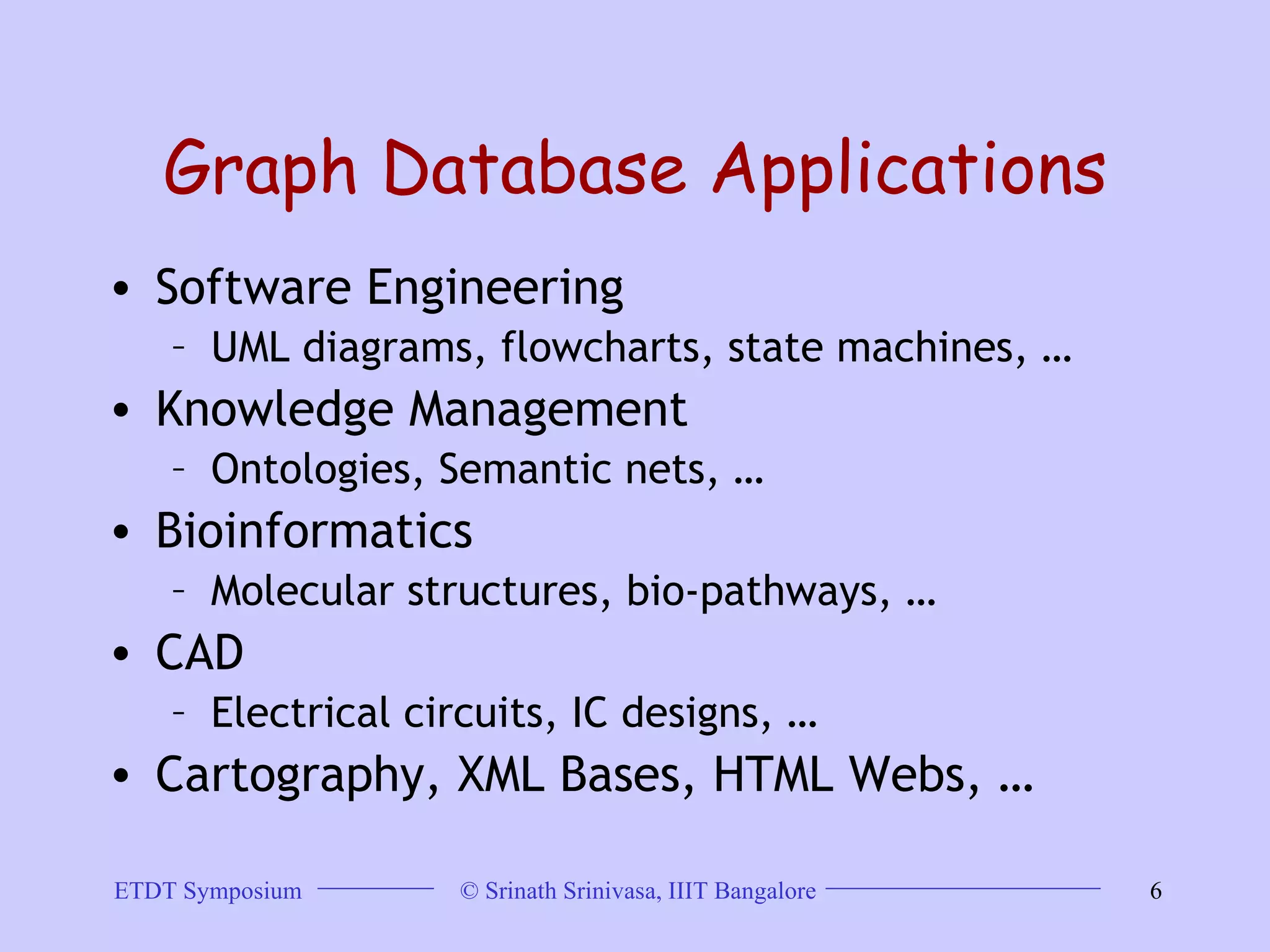 Graph Database Applications Software Engineering UML diagrams, flowcharts, state machines, …  Knowledge Management Ontologies, Semantic nets, …  Bioinformatics Molecular structures, bio-pathways, …  CAD Electrical circuits, IC designs, …  Cartography, XML Bases, HTML Webs, …  