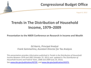 Congressional Budget Office
                                                                                    August 6, 2012




     Trends in The Distribution of Household
               Income, 1979–2009
Presentation to the NBER Conference on Research in Income and Wealth



                       Ed Harris, Principal Analyst
            Frank Sammartino, Assistant Director for Tax Analysis

This presentation provides information published in Trends in the Distribution of Household
Income Between 1979 and 2007 (October 25, 2011) and updated in The Distribution of
Household Income and Federal Taxes, 2008 and 2009 (July 10, 2012).
See www.cbo.gov/publication/42729 and www.cbo.gov/publication/43373.
 