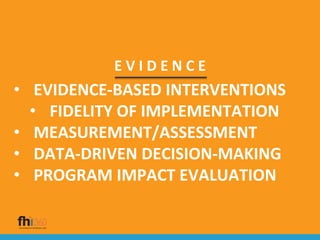 E V I D E N C E
• EVIDENCE-BASED INTERVENTIONS
• FIDELITY OF IMPLEMENTATION
• MEASUREMENT/ASSESSMENT
• DATA-DRIVEN DECISION-MAKING
• PROGRAM IMPACT EVALUATION
 