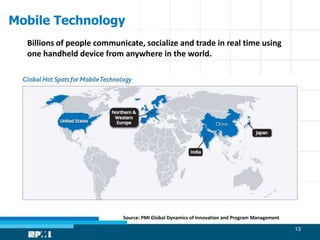 Mobile Technology
  Billions of people communicate, socialize and trade in real time using
  one handheld device from anywhere in the world.




                            Source: PMI Global Dynamics of Innovation and Program Management

                                                                                               13
 