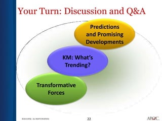 Your Turn: Discussion and Q&A
                                           Predictions
                                          and Promising
                                          Developments

                                   KM: What’s
                                    Trending?


                 Transformative
                     Forces


©2013 APQC. ALL RIGHTS RESERVED.           22
 