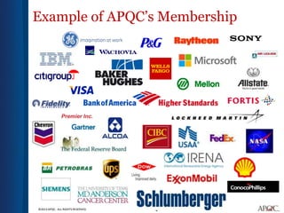 Example of APQC’s Membership




               Premier Inc.




©2013 APQC. ALL RIGHTS RESERVED.   4
 