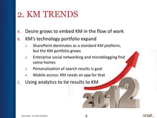 2. KM TRENDS
A.       Desire grows to embed KM in the flow of work
B.       KM’s technology portfolio expand
         1.        SharePoint dominates as a standard KM platform,
                   but the KM portfolio grows
         2.        Enterprise social networking and microblogging find
                   some homes
         3.        Personalization of search results is goal
         4.        Mobile access: KM needs an app for that
C.       Using analytics to tie results to KM




     ©2013 APQC. ALL RIGHTS RESERVED.           8
 