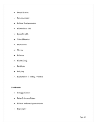 Page 12
Desertification
Famine/drought
Political fear/persecution
Poor medical care
Loss of wealth
Natural Disasters
Death threats
Slavery
Pollution
Poor housing
Landlords
Bullying
Poor chances of finding courtship
Pull Factors
Job opportunities
Better living conditions
Political and/or religious freedom
Enjoyment
 