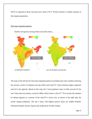 Page 17
(85%) as opposed to those moving across states (15%). Women formed a sizeable majority of
this migrant population.
Intra-state migration patterns
The map on the left has the intra-state migration pattern (excluding inter-state numbers) showing
the absolute number of migrants moving within each state/UT. Green indicates higher migration
and red is the opposite. Based on this map, the 5 most populous states in India account for the
top 5 intra-state movements, except for Bihar which comes a close 6th
. If we rescale the numbers
by taking migrants as a percent of the state/UT‟s survey size, as shown in the right map, the
results change completely. The top 5 states with highest percent churn are Andhra Pradesh,
Himachal Pradesh, Kerala, Gujarat and Andaman & Nicobar Islands.
 