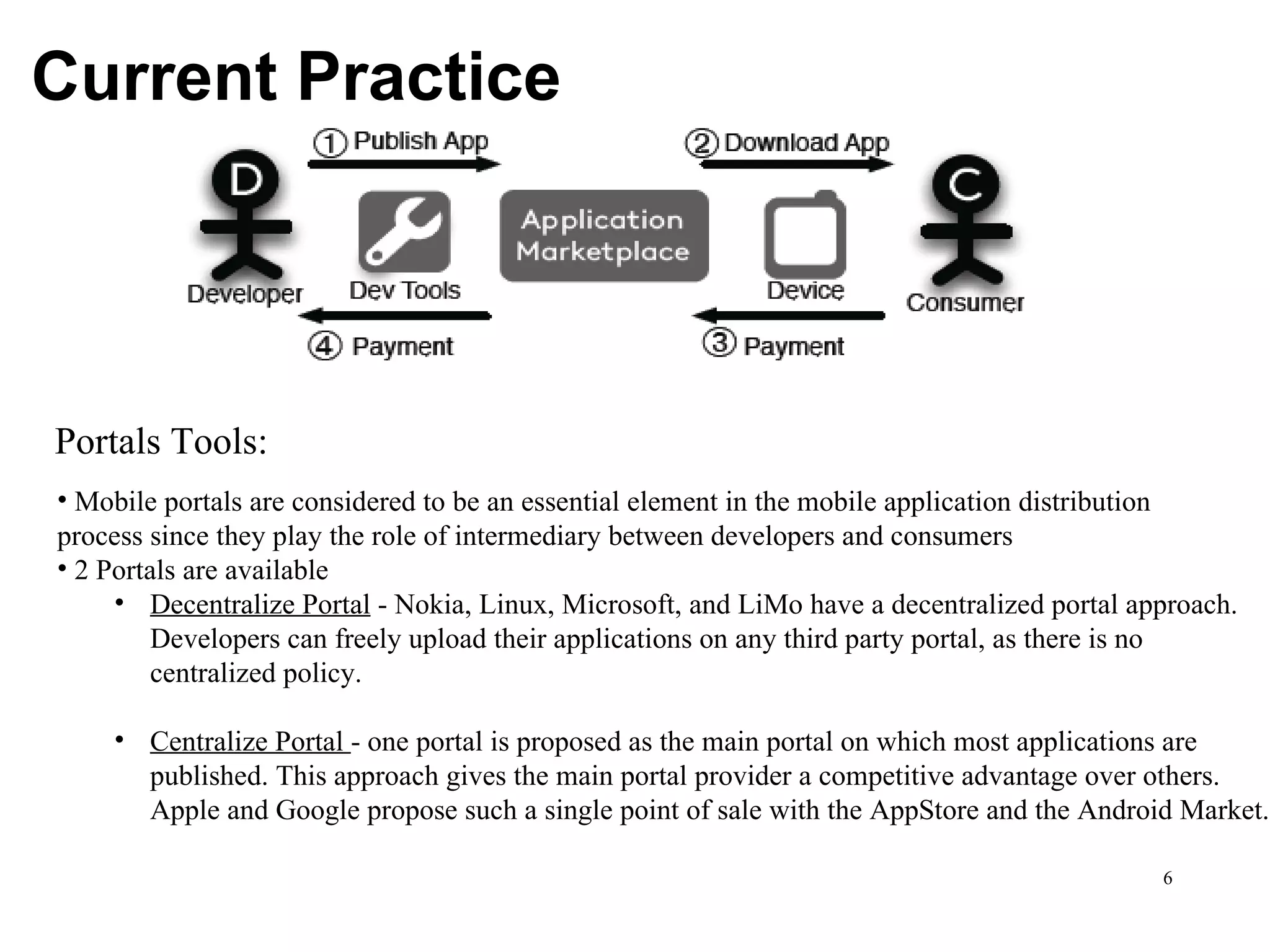 Current Practice Portals Tools: Mobile portals are considered to be an essential element in the mobile application distribution  process since they play the role of intermediary between developers and consumers 2 Portals are available Decentralize Portal  - Nokia, Linux, Microsoft, and LiMo have a decentralized portal approach.  Developers can freely upload their applications on any third party portal, as there is no  centralized policy.  Centralize Portal  - one portal is proposed as the main portal on which most applications are  published. This approach gives the main portal provider a competitive advantage over others.  Apple and Google propose such a single point of sale with the AppStore and the Android Market.  
