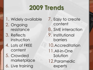 2009 TrendsWidely availableOngoing resistanceReflects instructionLots of FREE contentCrowded marketplaceLive trainingEasy to create contentSME interactionInstitutional barriersAccreditationAll-in-One SolutionParamedic experts