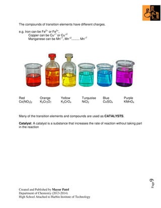 Created and Published by Mayur Patel
Department of Chemistry (2013-2014)
High School Attached to Harbin Institute of Technology
Page9
The compounds of transition elements have different charges.
e.g. Iron can be Fe2+
or Fe3+
,
Copper can be Cu+1
or Cu+2
Manganese can be Mn+1
, Mn+2
......... Mn+7
Red Orange Yellow Turquoise Blue Purple
Co(NO3)2 K2Cr2O7 K2CrO4 NiCl2 CuSO4 KMnO4
Many of the transition elements and compounds are used as CATALYSTS.
Catalyst: A catalyst is a substance that increases the rate of reaction without taking part
in the reaction
 