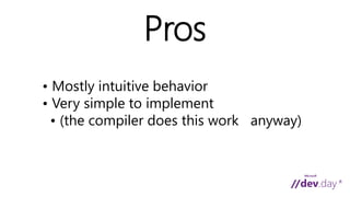 Pros 
• Mostly intuitive behavior 
• Very simple to implement 
• (the compiler does this work anyway) 
 