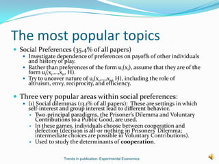 The most popular topics
 Social Preferences (35.4% of all papers)
    Investigate dependence of preferences on payoffs of other individuals
     and history of play.
    Rather than preferences of the form ui(xi), assume that they are of the
     form ui(x1,…,xn, H).
    Try to uncover nature of ui(x1,…,xn, H), including the role of
     altruism, envy, reciprocity, and efficiency.

 Three very popular areas within social preferences:
    (1) Social dilemmas (13.1% of all papers): These are settings in which
     self-interest and group interest lead to different behavior.
      Two-principal paradigms, the Prisoner’s Dilemma and Voluntary
        Contributions to a Public Good, are used.
      In these games, individuals choose between cooperation and
        defection (decision is all-or nothing in Prisoners’ Dilemma;
        intermediate choices are possible in Voluntary Contributions).
      Used to study the determinants of cooperation.



                    Trends in publication: Experimental Economics
 