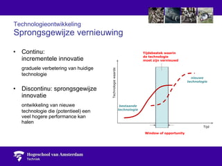 Technologieontwikkeling  Sprongsgewijze vernieuwing Continu:  incrementele innovatie graduele verbetering van huidige technologie  Discontinu: sprongsgewijze innovatie ontwikkeling van nieuwe technologie die (potentieel) een veel hogere performance kan halen Technologie waarde Tijd bestaande technologie nieuwe technologie Window of opportunity Tijdsbestek waarin  de technologie moet zijn vernieuwd 