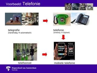Voorbeeld:  Telefonie telegrafie  (handmatig    automatisch) telefonie  (analoog    digitaal) telefooncel mobiele telefonie 