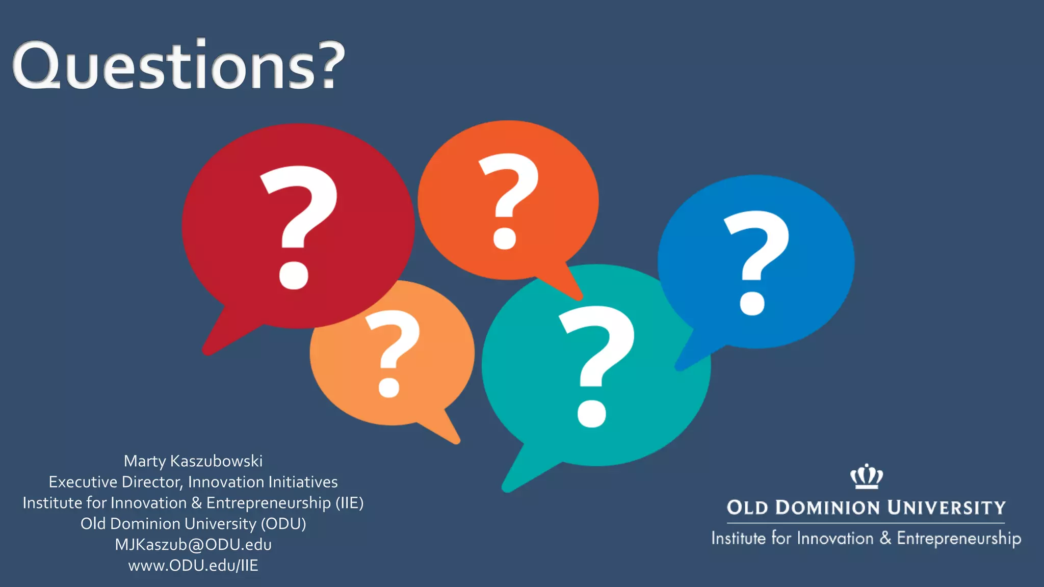 Marty Kaszubowski
Executive Director, Innovation Initiatives
Institute for Innovation & Entrepreneurship (IIE)
Old Dominion University (ODU)
MJKaszub@ODU.edu
www.ODU.edu/IIE
 