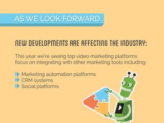 Newdevelopmentsareaffectingtheindustry:
This year we’re seeing top video marketing platforms
focus on integrating with other marketing tools including:
Marketing automation platforms
CRM systems
Social platforms
AS WE LOOK FORWARDAS WE LOOK FORWARD
 