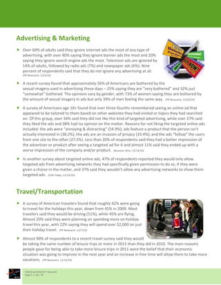 Advertising & Marketing
 Over 60% of adults said they ignore internet ads the most of any type of
  advertising, with over 40% saying they ignore banner ads the most and 20%
  saying they ignore search engine ads the most. Television ads are ignored by
  14% of adults, followed by radio ads (7%) and newspaper ads (6%). Nine
  percent of respondents said that they do not ignore any advertising at all.
   (PR Newswire, 12/3/10)

 A recent survey found that approximately 56% of Americans are bothered by the
  sexual imagery used in advertising these days – 25% saying they are “very bothered” and 32% just
  “somewhat” bothered. The opinions vary by gender, with 73% of women saying they are bothered by
  the amount of sexual imagery in ads but only 39% of men feeling the same way. (PR Newswire, 12/10/10)

 A survey of Americans age 18+ found that over three-fourths remembered seeing an online ad that
  appeared to be tailored to them based on other websites they had visited or topics they had searched
  on. Of this group, over 34% said they did not like this kind of targeted advertising, while over 27% said
  they liked the ads and 38% had no opinion on the matter. Reasons for not liking the targeted online ads
  included: the ads were “annoying & distracting” (54.9%); ads feature a product that the person isn’t
  actually interested in (38.2%); the ads are an invasion of privacy (33.4%); and the ads “follow” the users
  from one site to the other (27.5%). Less than 20% of respondents said they had a better impression of
  the advertiser or product after seeing a targeted ad for it and almost 11% said they ended up with a
  worse impression of the company and/or product. (Business Wire, 12/14/10)

 In another survey about targeted online ads, 47% of respondents reported they would only allow
  targeted ads from advertising networks they had specifically given permission to do so, if they were
  given a choice in the matter, and 37% said they wouldn’t allow any advertising networks to show them
  targeted ads. (USA Today, 12/14/10)



Travel/Transportation
 A survey of American travelers found that roughly 42% were going
  to travel for the holidays this year, down from 45% in 2009. Most
  travelers said they would be driving (51%), while 45% are flying.
  Almost 20% said they were planning on spending more on holiday
  travel this year, with 22% saying they will spend over $2,000 on just
  their holiday travel. (PR Newswire, 12/7/10)

 Almost 90% of respondents to a recent travel survey said they would
  be taking the same number of leisure trips or more in 2011 than they did in 2010. The main reasons
  people gave for being able to take more leisure trips in 2011 were the belief that their economic
  situation was going to improve in the next year and an increase in free time will allow them to take more
  vacations. (PR Newswire, 12/13/10)

    ©2010 by M/A/R/C® Research
    Page 3  Dec ‘10
 