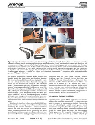 that provides password-free, biometric worker authentication
through sensors for ﬁngerprinting and heartbeat detection.
The Nymi Band has an OLED monochrome display (48  64 pix-
els) and a battery life of over three days and. It incorporates
secure NFC and Bluetooth Low Energy (BLE 4.2). The Nymi
Lynk is a smartphone app that allows full traceability and visuali-
zation of privacy data stored on the Nymi Enterprise Server. The
Nymi Software Development Kit (SDK) helps developers to build
APIs and integrate their existing tools with the Nymi Enterprise
Server and Nymi Quality Management System. The Nymi tech-
nology is used for a variety of workplace applications including
privileged access management, contactless physical access con-
trol, transaction authorization, workforce communication, intel-
ligent print solutions, and management of employee health and
safety.
With the work-from-home culture during the COVID-19 pan-
demic, there has been a surge in surveillance tools for remotely
monitoring the workers’ activities.[97]
Common surveillance
methods for ofﬁce desk workers include keystroke logging,
instant messages monitoring, screen monitoring, user action
alerts, location tracking, webcam surveillance, and remote con-
trol takeover. Some of the rapidly growing providers of employee
surveillance tools are Time Doctor, FlexiSPY, Hubstaff,
DeskTime, ActivTrak, Teramind, SpyEra, WorkTime, and
Kickidler.[97]
Recently, Microsoft released a Productivity Score
feature for its Ofﬁce 365 to analyze the amount of time a user
spends on its software (e.g., MS Outlook and Team).[98]
Microsoft has stated that this opt-in feature will provide insights
on how people and teams use its technology and infrastructure.
However, privacy advocates have raised concerns about this con-
troversial feature as it appears to be a remote surveillance tool for
monitoring worker activity at an individual level.[98]
4.2. Augmented Reality and Virtual Reality
Depending on the speciﬁc AR/VR application, head-mounted
displays come in different conﬁgurations (i.e., monocular or bin-
ocular, transparent or nontransparent displays). Common fea-
tures of industrial-grade AR/VR smart glasses include
accurate voice recognition, hands-free navigation, gesture recog-
nition, large and ﬂexible display, lightweight construction, com-
fortable ﬁt, rugged design, and water- and dust-resistance.
Typical parameters for comparing industrial-grade AR/VR
glasses are the pixel resolution (e.g., 1280  720 pixels per
Figure 3. Examples of wearables for occupational productivity monitoring. a) ViewPoint Systems VPS 16 smart glasses have stereoscopic cameras that
track spatial vision and have live streaming capabilities for mixed reality applications. b) Tactigon Skin uses sensors to detect hand gestures and AI to
remotely interact with digital machines. c) The Tinylogic Foci clip-on device monitors the breathing patterns to estimate cognitive state of mind and
suggests ways to avoid distraction at work. d) Muse 2 and Muse S headbands measure brain electrical activity and provide real-time feedback on body
performance and mental focus. e) Hyco’s W562 smartwatch enables hands-free barcode scanning for goods tracking and asset management.
a) Reproduced with permission.[231]
Copyright 2021, ViewPoint System; b) Reproduced with permisison.[107]
Copyright 2021, The Tactigon;
c) Reproduced with permission.[121]
Copyright 2021, Tinylogic Foci; d) Reproduced with permisison.[114]
Copyright 2021, Muse; and e) Reproduced with
permission.[86]
Copyright 2021, Hyco.
www.advancedsciencenews.com www.advintellsyst.com
Adv. Intell. Syst. 2022, 4, 2100099 2100099 (11 of 30) © 2021 The Authors. Advanced Intelligent Systems published by Wiley-VCH GmbH
 