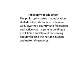 Philosophy of Education
The philosophy states that education
shall develop citizen who believe in
God, love their country and fellowmen
and actively participate in building a
just Filipino society and conserving
and developing the nation’s human
and material resources.
 
