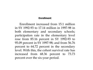 Enrollment
Enrollment increased from 15.1 million
in SY 1992-93 to 17.14 million in 1997-98 in
both elementary and secondary schools;
participation rate in the elementary level
rose from 85.16 percent in SY 1992-93 to
95.09 percent in SY 1997-98; and from 56.76
percent to 64.72 percent in the secondary
level. With this, the cohort survival rate has
increased from 68.36 percent to 73.73
percent over the six-year period.
 