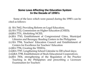 Some Laws Affecting the Education System
In the Decade of 1990’s
Some of the laws which were passed during the 1990’s can be
cited as follows:
(i) RA 7662, Providing Reform on Legal Education;
(ii) RA 7722, Commission on Higher Education (CHED);
(iii)RA 7731, Abolishing NCEE;
(iv)RA 7743, Establishment of Congressional Cities, Municipal
Libraries and Barangay Reading Centers in the Philippines
(v) RA 7784, Teachers’ Education Council and Establishment of
Centers for Excellence for Teachers’ Education
(vi)RA 7796, Creating the TESDA;
(vii)RA 7797, Lengthening School Calendar to 220 school days;
(viii)RA 7798, Establishment of Stock Educational Cooperatives;
(ix)RA 7836, strengthening of the Regulation of the Practice
Teaching in the Philippines and prescribing a Licensure
Examination for Teachers
 