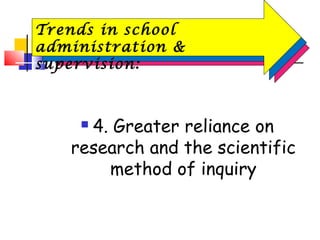  4. Greater reliance on
research and the scientific
method of inquiry
Trends in school
administration &
supervision:
 