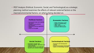 • PEST Analysis (Political, Economic, Social, and Technological) as a strategic
planning method examines the effects of relevant external factors or the
macroenvironmental factors, on what is being decided on.
 
