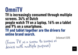 OmniTV
TV is increasingly consumed through multiple
screens. 34% of Dutch
people watch TV on a laptop, 16% on a tablet
and 9% on a smartphone.
TV and tablet together are the drivers for
online brand search.
                                     Intomart GfK
(From TV     as a screen to screens as
devic es with multiple purposes)
 
