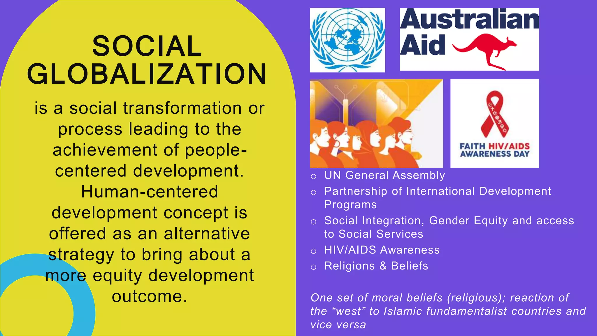 SOCIAL
GLOBALIZATION
is a social transformation or
process leading to the
achievement of people-
centered development.
Human-centered
development concept is
offered as an alternative
strategy to bring about a
more equity development
outcome.
o UN General Assembly
o Partnership of International Development
Programs
o Social Integration, Gender Equity and access
to Social Services
o HIV/AIDS Awareness
o Religions & Beliefs
One set of moral beliefs (religious); reaction of
the “west” to Islamic fundamentalist countries and
vice versa
 