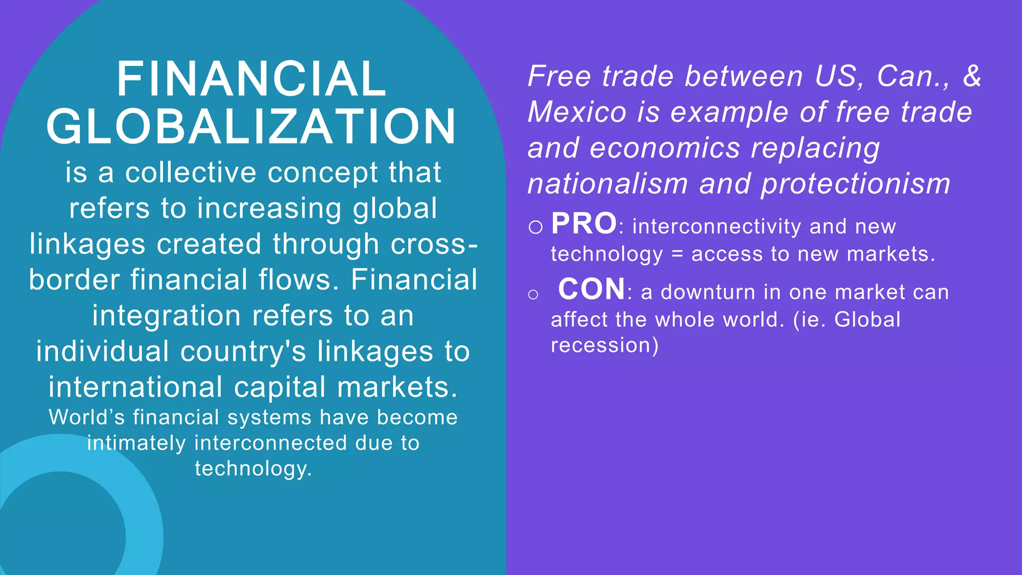 FINANCIAL
GLOBALIZATION
is a collective concept that
refers to increasing global
linkages created through cross-
border financial flows. Financial
integration refers to an
individual country's linkages to
international capital markets.
World’s financial systems have become
intimately interconnected due to
technology.
Free trade between US, Can., &
Mexico is example of free trade
and economics replacing
nationalism and protectionism
o PRO: interconnectivity and new
technology = access to new markets.
o CON: a downturn in one market can
affect the whole world. (ie. Global
recession)
 