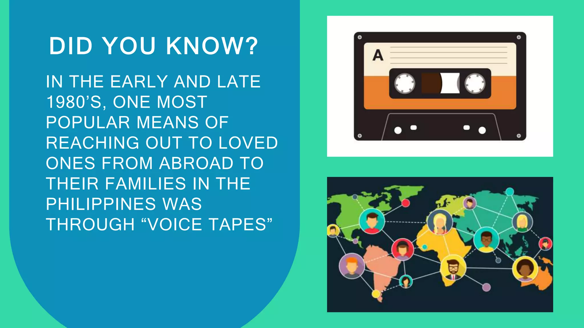DID YOU KNOW?
IN THE EARLY AND LATE
1980’S, ONE MOST
POPULAR MEANS OF
REACHING OUT TO LOVED
ONES FROM ABROAD TO
THEIR FAMILIES IN THE
PHILIPPINES WAS
THROUGH “VOICE TAPES”
 