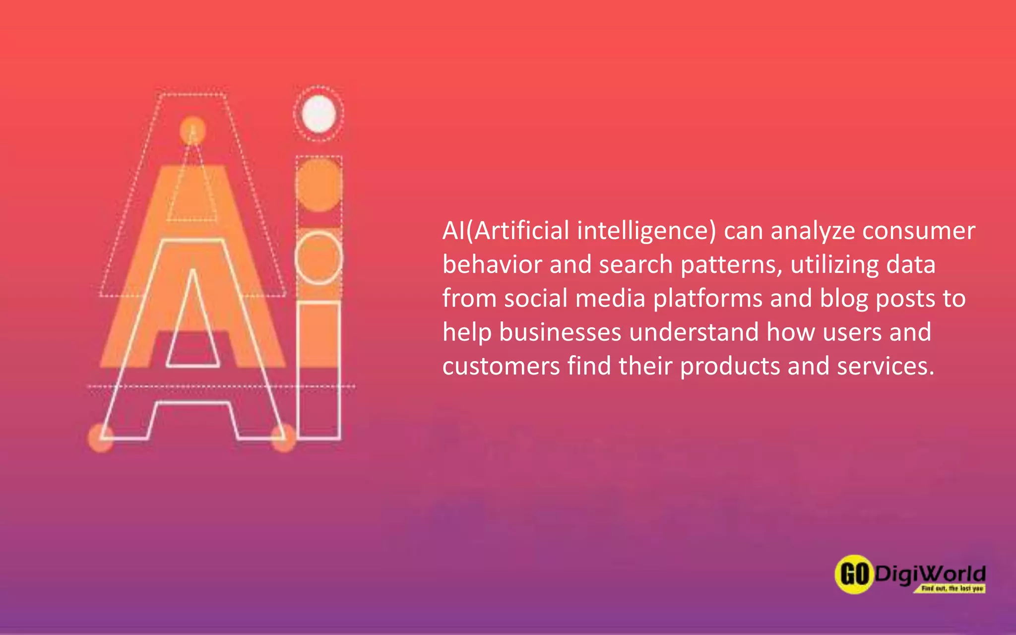 AI(Artificial intelligence) can analyze consumer
behavior and search patterns, utilizing data
from social media platforms and blog posts to
help businesses understand how users and
customers find their products and services.
