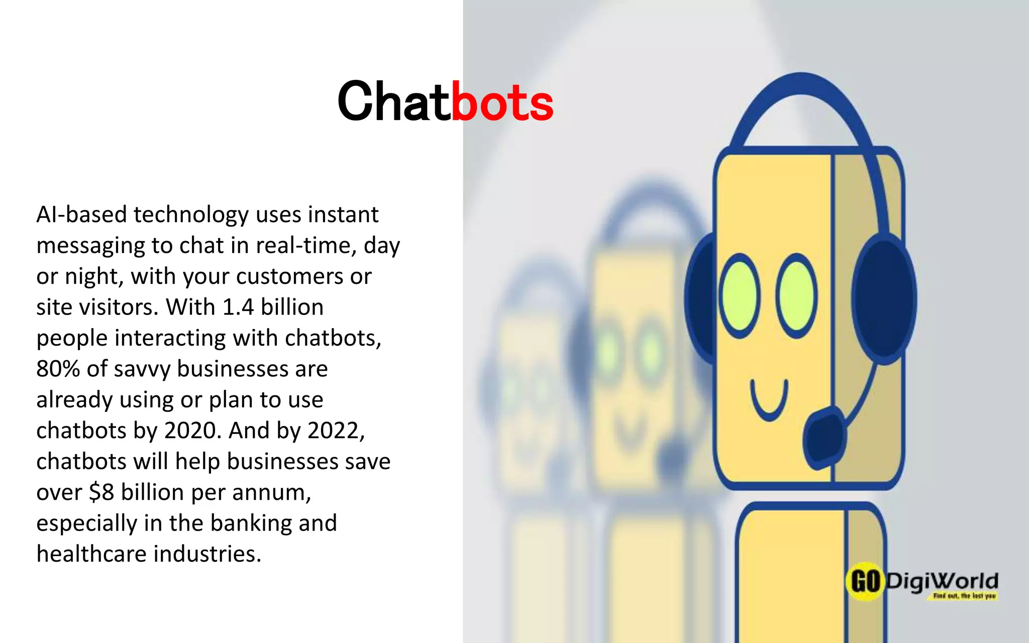 AI-based technology uses instant
messaging to chat in real-time, day
or night, with your customers or
site visitors. With 1.4 billion
people interacting with chatbots,
80% of savvy businesses are
already using or plan to use
chatbots by 2020. And by 2022,
chatbots will help businesses save
over $8 billion per annum,
especially in the banking and
healthcare industries.
Chatbots