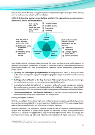  
14 
 
China, Europe, North America. Many global pharma companies have gone through a similar learning 
curve of multi‐year and network‐wide remediation.  
Exhibit 3: Outstanding  quality involves building quality in the organization’s operating  systems, 
management systems and people systems 
Some  Indian  pharma  companies  have  addressed  the  issues  and  built  strong  quality  systems  by 
deploying India‐specific interventions in addition to global best practices. The interventions required 
span across 3 elements of a good quality system i.e., operating system, management system and the 
people system.  
■ Expanding and upskilling the quality talent pool: Building capabilities across all levels, particularly 
at the middle management layer; leveraging emerging technologies to build experiential training 
modules  
■ Building a culture of Quality at the shop floor level: Addressing India‐specific cultural challenges 
and building an environment of ownership, openness and collaboration  
■ Leveraging  technology  to  fool‐proof  key  processes  and  performance  management  systems: 
Some Indian pharma companies are already looking to identify Quality Management System (QMS) 
risks and reducing OOS and deviations through the deployment of Advanced Analytics techniques.   
■ Continuing to strengthen critical technical elements of the QMS such as data reliability, good 
documentation practices, process validation and investigations.   
Building operational excellence  
While the overall cost of manufacturing in India is likely to remain competitive, productivity in Indian 
pharma sites continues to be 40‐50 percent lower than the global median17
. This presents a significant 
opportunity to drive efficiencies and offset some of the cost pressures.  
While the traditional Lean applications continue to drive efficiencies, advances in availability of data 
coupled  with  disruptions  in  computational  power  and  advanced  analytics  allow  pharmaceutical 
companies  to  uncover  new  opportunities  for  performance  improvements.  While  on  average,  the 
pharmaceutical industry lags advanced industries in the adoption of digital & advanced analytics, 
                                                            
17
 POBOS‐ McKinsey’s proprietary pharma operations benchmarking 
 