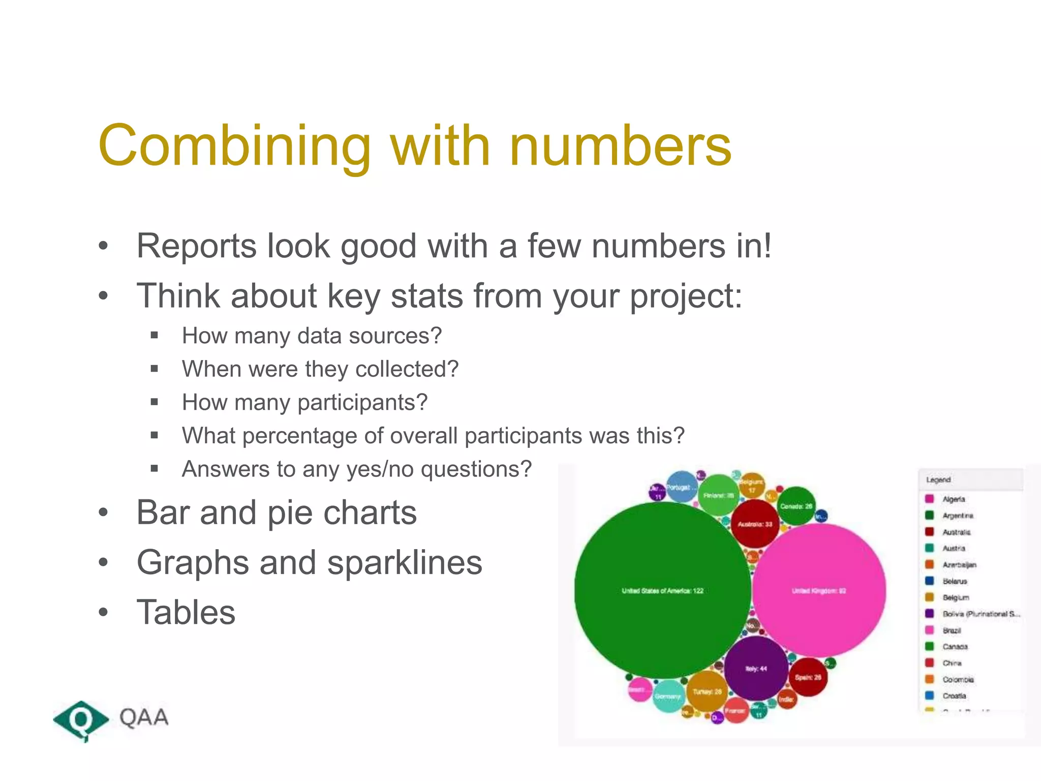 • Reports look good with a few numbers in!
• Think about key stats from your project:
 How many data sources?
 When were they collected?
 How many participants?
 What percentage of overall participants was this?
 Answers to any yes/no questions?
• Bar and pie charts
• Graphs and sparklines
• Tables
Combining with numbers
 