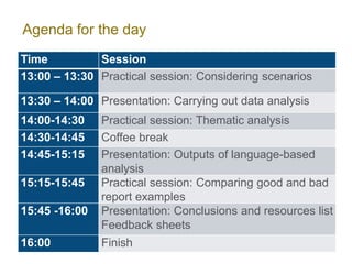 Agenda for the day
Time Session
13:00 – 13:30 Practical session: Considering scenarios
13:30 – 14:00 Presentation: Carryin...