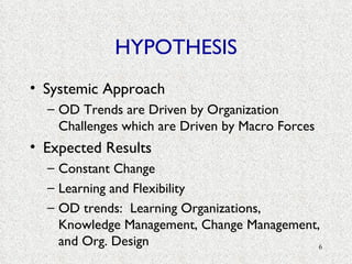 HYPOTHESIS Systemic Approach OD Trends are Driven by Organization Challenges which are Driven by Macro Forces Expected Results Constant Change Learning and Flexibility  OD trends:  Learning Organizations, Knowledge Management, Change Management, and Org. Design  
