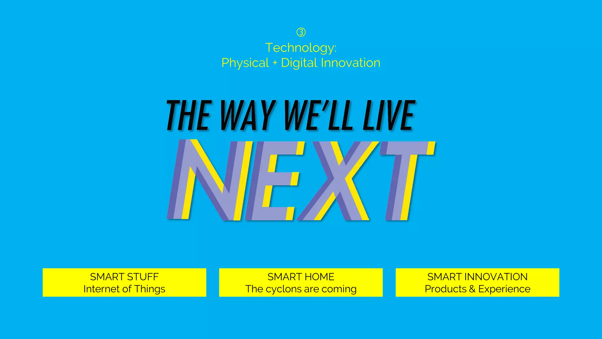 SMART STUFF
Internet of Things
SMART HOME
The cyclons are coming
SMART INNOVATION
Products & Experience

Technology:
Physical + Digital Innovation
 