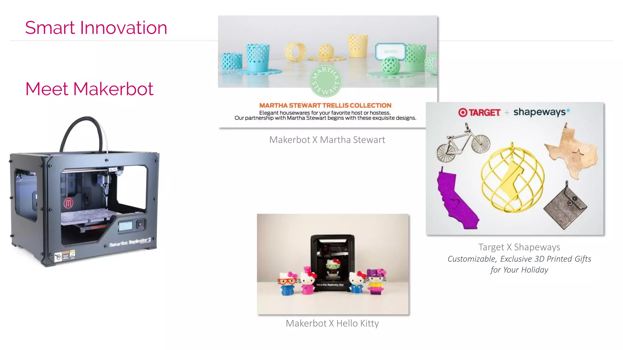 Smart Innovation
Meet Makerbot
Makerbot X Martha Stewart
Target X Shapeways
Customizable, Exclusive 3D Printed Gifts
for Your Holiday
Makerbot X Hello Kitty
 
