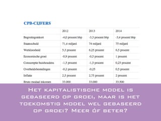 Het kapitalistische model is
gebaseerd op groei, maar is het
toekomstig model wel gebaseerd
op groei? Meer óf beter?
 