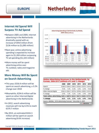 EUROPE                      Netherlands


Internet Ad Spend Will
Surpass TV Ad Spend
 Between 2005 and 2009, Internet
  advertising in the Netherlands
  drastically soared with an
  increase of $954 million (from
  $136 million to $1,090 million)

 Next year, online advertising
  spending is expected to increase
  again to $1,269 million surpassing
  TV ad spending ($1,103 million)

 More money will be spent
  advertising online over
  TV, outdoor, radio and magazine
  ads

More Money Will Be Spent
on Search Advertising
 This year, €356.4 million will be
  spent on search advertising, a 3.2%
  change over 2010

 Meanwhile, €294.6 million will be
  spent on other Internet/digital
  advertising in the Netherlands

 In 2012, search advertising
  revenues will rise by 6.5% to reach
  €379.7 million

 By 2013, an estimated €416.3
  million will be spent on search
  advertising (9.6% increase)


Copyright ©2011 by Research and Management                                       Page 24
                                                 WSI Internet Marketing Trends Report 2011
 