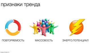 признаки тренда
ПОВТОРЯЕМОСТЬ МАССОВОСТЬ ЭНЕРГО.ПОТЕНЦИАЛ
четверг, 1 августа 13 г.
 