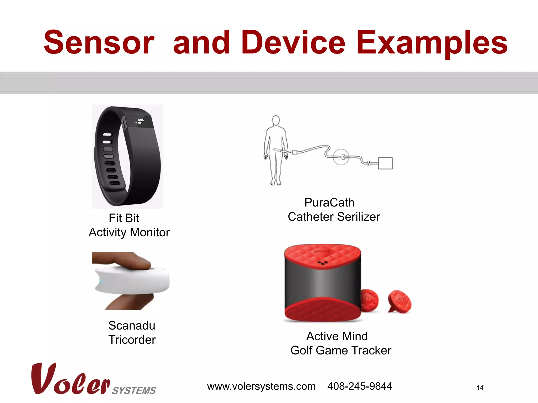 14
Sensor and Device Examples
www.volersystems.com 408-245-9844
Scanadu
Tricorder
PuraCath
Catheter Serilizer
Active Mind
Golf Game Tracker
Fit Bit
Activity Monitor
 