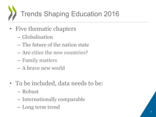 Trends Shaping Education 2016
• Five thematic chapters
– Globalisation
– The future of the nation state
– Are cities the new countries?
– Family matters
– A brave new world
• To be included, data needs to be:
– Robust
– Internationally comparable
– Long term trend
3
 