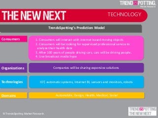 Consumers
Technologies
Organizations
1. Consumers will interact with internet based moving objects
2. Consumers will be looking for supervised professional service to
analyze their health data
3. After 100 years of people driving cars, cars will be driving people.
4. Live broadcast media hype
IOT, automatic systems, Internet BI, sensors and monitors, robots
Companies will be sharing expensive solutions
Domains Automobile, Design, Health, Medical, Social
TrendsSpotting’s Prediction Model
© TrendsSpotting Market Research.
TECHNOLOGY
 