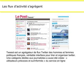 Les flux d’activité s’agrègent Tweest est un agrégateur de flux Twitter des hommes et femmes politiques français, véritable interface pour trier et organiser twitter. Une catégorie dédiée aux journalistes a aussi été créée : « utilisateurs précoces et surinformés » du service en ligne 