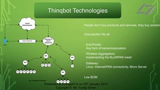 Thinqbot Technologies

People don’t buy products and services, they buy solution
One solution fits all

End-Points:
Any form of sensors/actuators

Wireless Aggregators:
Implementing the 6LoWPAN mesh
Gateway:
Linux, Internet/PAN connectivity, Micro Server

Low BOM
Presented at Lounge47.in on 25th January 2014
Copyright © Mr. Yuvraj Tomar

 