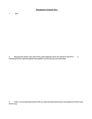 Checkpoint 4 Answer Key

1       Sell




2       Because the Rydex ratio had hit the upper Bollinger band and started to fall off of   it,
indicating that the optimism/greed had peaked, and the buying was exhausted.




3       False. The put/call peak above 0.80 is a sign that fear/bearishness has peaked and that it was
time to buy.
 