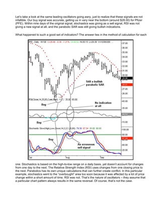 Let’s take a look at the same leading oscillators going awry, just to realize that these signals are not
infallible. Our buy signal was accurate, getting us in very near the bottom (around $28.00) for Pfizer
(PFE). Within nine days of the original signal, stochastics was giving as a sell signal, RSI was not
giving a new signal at all, and the parabolic SAR was still giving bullish indications.

What happened to such a good set of indicators? The answer lies in the method of calculation for each




one. Stochastics is based on the high-to-low range on a daily basis, yet doesn’t account for changes
from one day to the next. The Relative Strength Index (RSI) uses changes from one closing price to
the next. Parabolics has its own unique calculations that can further create conflict. In this particular
example, stochastics went to the “overbought” area too soon because it was affected by a lot of price
change within a short amount of time. RSI was not. That’s the nature of oscillators – they assume that
a particular chart pattern always results in the same reversal. Of course, that’s not the case.
 
