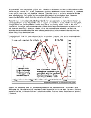 As you can tell from the previous graphic, the QQQ’s bounced around inside support and resistance In
July and again in early 2003. When they weren’t oscillating between support and resistance, they were
moving either up or down with very little variance. Obviously the gift of hindsight is valuable, but we
were able to discern the trending environments and the trading-range markets while they were
happening. Let’s take a look at similar scenarios with other technical analysis tools.

Remember we had mentioned that Bollinger bands have characteristics of momentum indicators as
well as oscillators? In fact they can be used as support and resistance levels, with the key exception
being that they are not straight lines. Rather, they adjust for volatility. All the same, as the price
approaches a Bollinger band, the stock either crosses above it (indicating momentum) or it touches it
and reverses (indicating a reversal). Take a look in the example below. Here we can see how
Bollinger bands actually gave more accurate indications of support and resistance levels than our
actual support and resistance lines.

Compaq moved back and forth between 25 and 29 between April and June. It was contained within




support and resistance lines, but held even tighter within the Bollinger bands. The breakout from
resistance and the upper Bollinger band were nearly simultaneous. At that point, oscillators became
less effective and momentum indicators became important. Bollinger bands served as both types of
indicators.
 