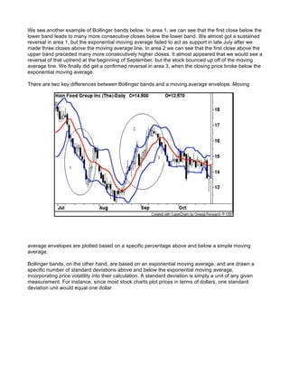 We see another example of Bollinger bands below. In area 1, we can see that the first close below the
lower band leads to many more consecutive closes below the lower band. We almost got a sustained
reversal in area 1, but the exponential moving average failed to act as support in late July after we
made three closes above the moving average line. In area 2 we can see that the first close above the
upper band preceded many more consecutively higher closes. It almost appeared that we would see a
reversal of that uptrend at the beginning of September, but the stock bounced up off of the moving
average line. We finally did get a confirmed reversal in area 3, when the closing price broke below the
exponential moving average.

There are two key differences between Bollinger bands and a moving average envelope. Moving




average envelopes are plotted based on a specific percentage above and below a simple moving
average.

Bollinger bands, on the other hand, are based on an exponential moving average, and are drawn a
specific number of standard deviations above and below the exponential moving average,
incorporating price volatility into their calculation. A standard deviation is simply a unit of any given
measurement. For instance, since most stock charts plot prices in terms of dollars, one standard
deviation unit would equal one dollar
 